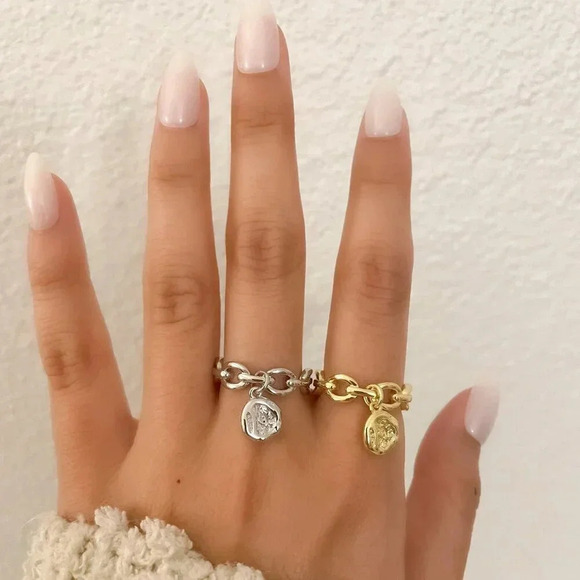 925 Sterling Silver Curb Chain Ring Chunky Dangle Charm Ring Dainty Boho Ring - Picture 2 of 9